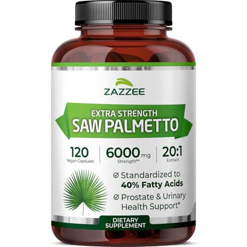 Bottle of Zazzee Saw Palmetto 20:1 extract with 120 vegan capsules