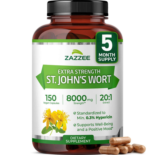 Front view of Zazzee Extra Strength St. John’s Wort 20:1 extract bottle with capsules