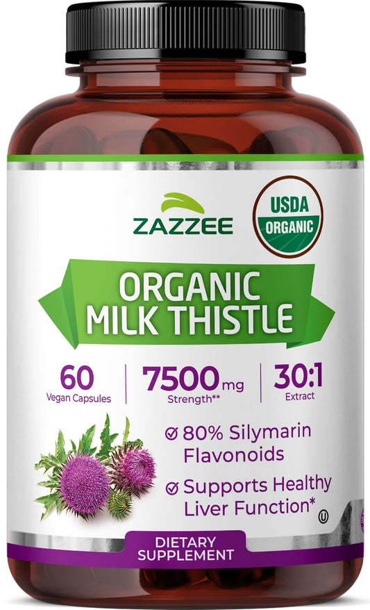 Bottle of Zazzee USDA Organic Milk Thistle with 60 vegan capsules