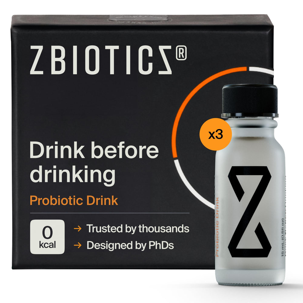 ZBiotics bottle with label, ready for a pre-drink routine.