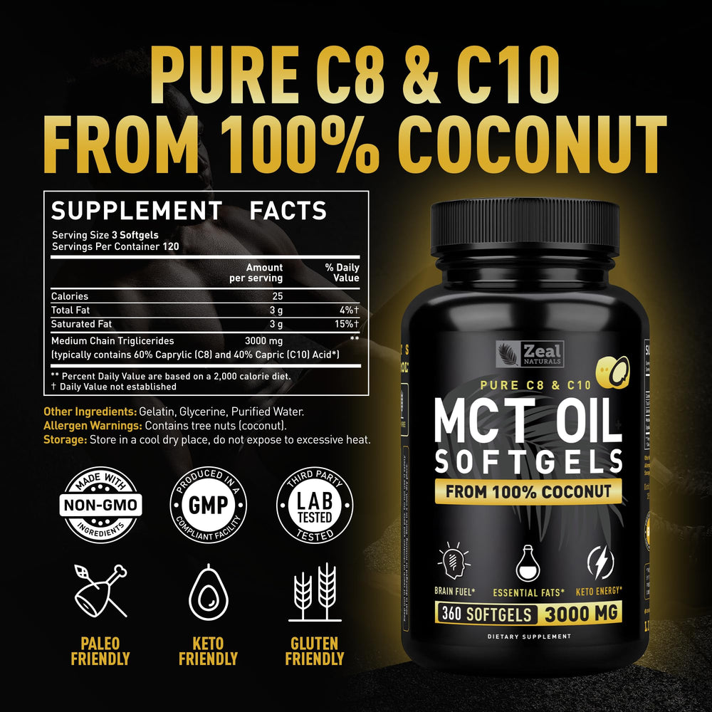 Close-up of Zeal Naturals MCT capsules showing caprylic C8 and capric C10.