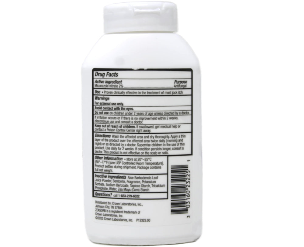 Zeasorb label close-up showing dermatologist-recommended status for skin comfort.