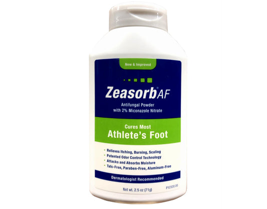 Zeasorb medicated body powder bottle front, illustrating portable moisture control for daily comfort.