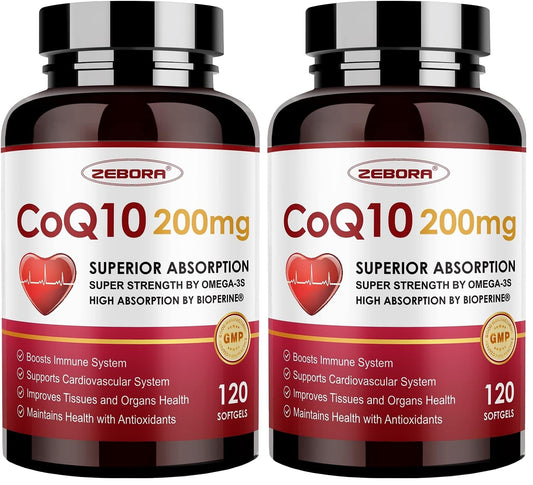Hero image of ZEBORA CoQ10 200mg softgels with PQQ BioPerine and Omega-3 Pack 2