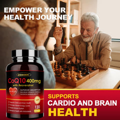 CoQ10 400mg ingredients featuring trans-resveratrol, PQQ, and Vitamin E