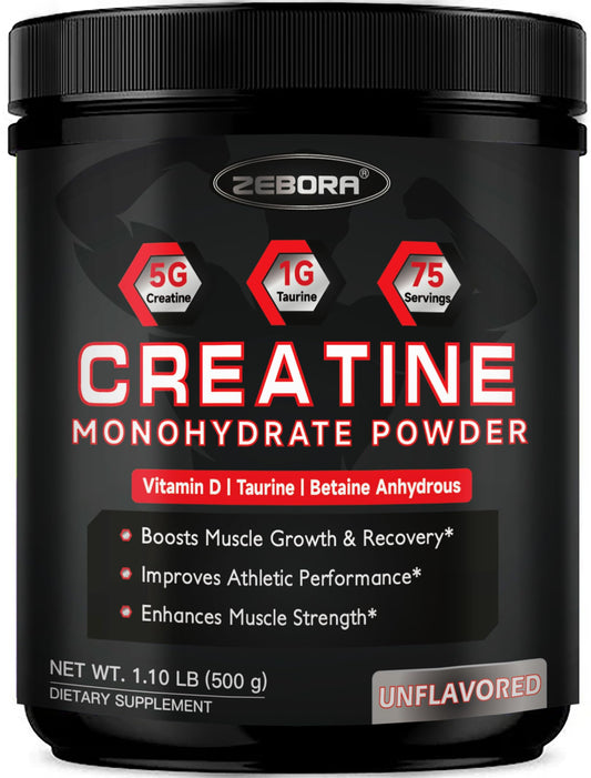 Front view of ZEBORA Micronized Creatine Monohydrate powder bottle