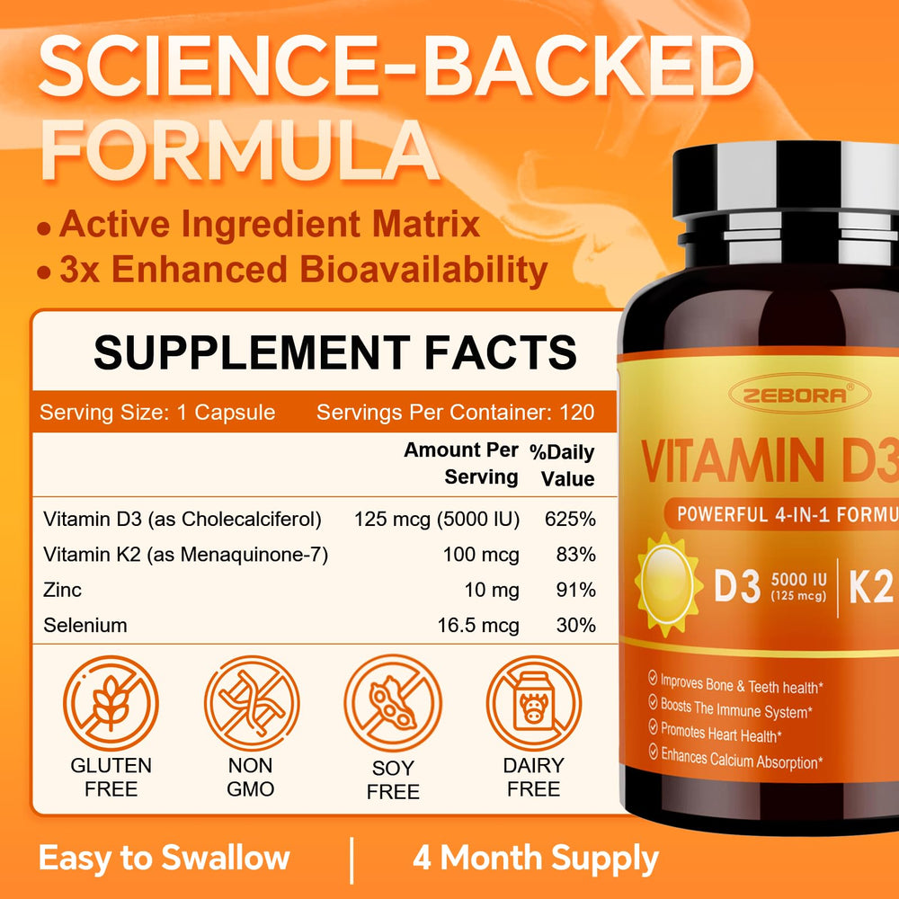 ZEBORA Vitamin D3+K2 bottle label showing 5000 IU D3 and 100 mcg MK-7