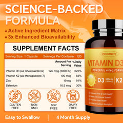 ZEBORA Vitamin D3+K2 bottle label showing 5000 IU D3 and 100 mcg MK-7