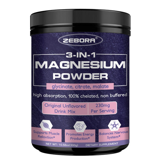 ZEBORA Magnesium Powder bottle labeled 3-in-1 chelated magnesium complex