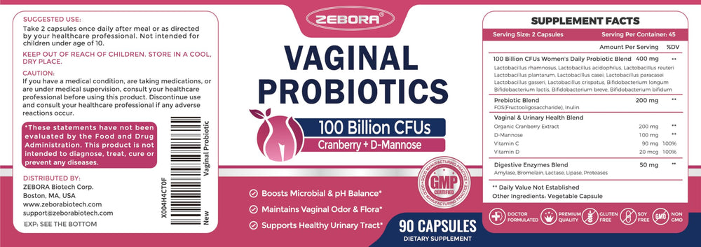 Packaging design and product shot of ZEBORA Vaginal Probiotics