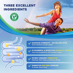 ZEBORA Probiotics illustration shows 15 strains for gut balance.