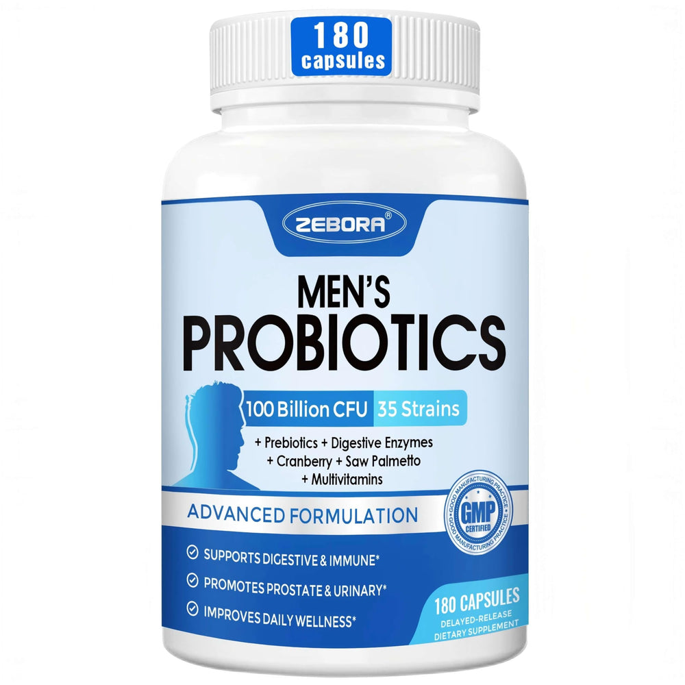 Front view of ZEBORA Probiotics for Men bottle showing 100B CFU and 180 capsules