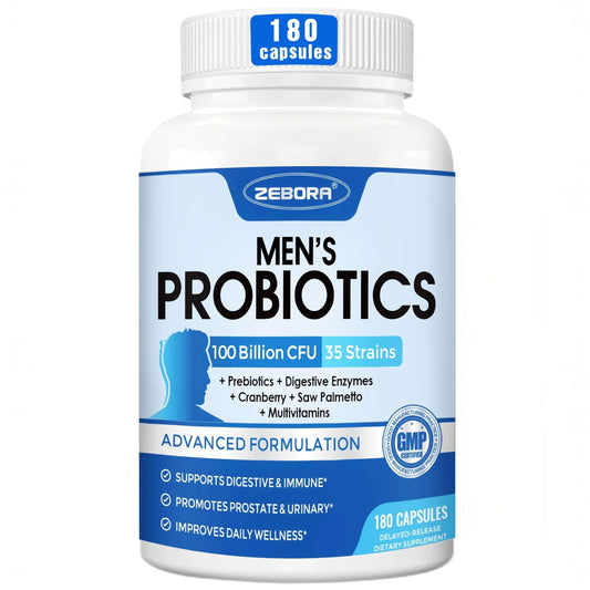 Front view of ZEBORA Probiotics for Men bottle showing 100B CFU and 180 capsules