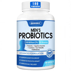 Front view of ZEBORA Probiotics for Men bottle showing 100B CFU and 180 capsules