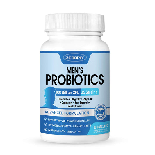 Front view of ZEBORA Probiotics for Men bottle with 90 vegan capsules
