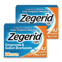 Zegerid OTC bottle front shows packaging for around-the-clock heartburn relief.