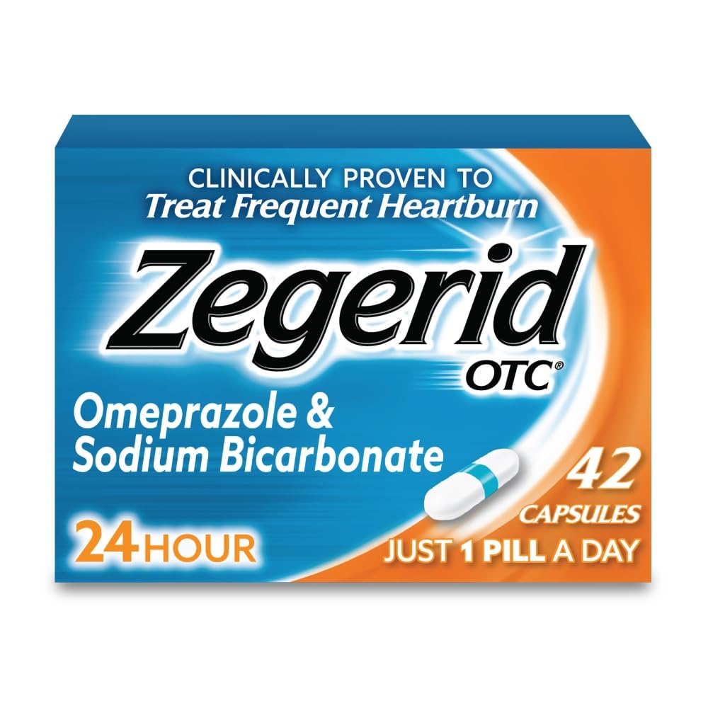 Zegerid OTC bottle shows 42 capsules for daily heartburn relief.