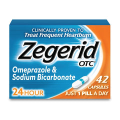 Zegerid OTC bottle shows 42 capsules for daily heartburn relief.