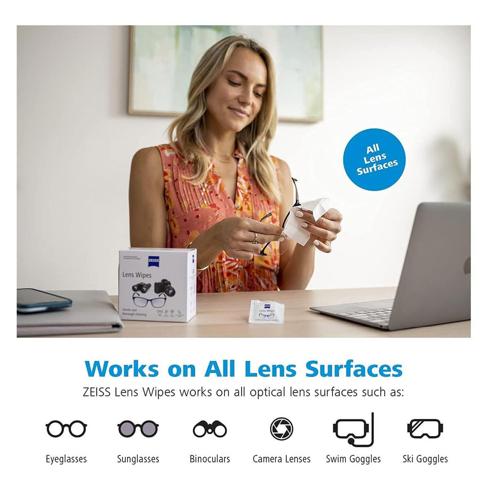 Six wipes in a 120-count ZEISS Lens Cleaning Wipes box