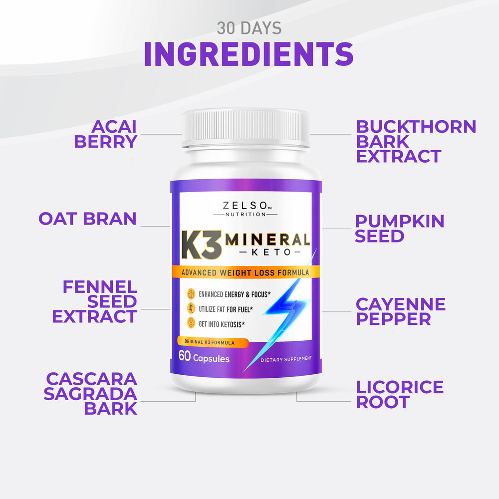 Close-up of Zelso K3 Mineral Pills bottle label