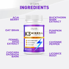 Close-up of Zelso K3 Mineral Pills bottle label