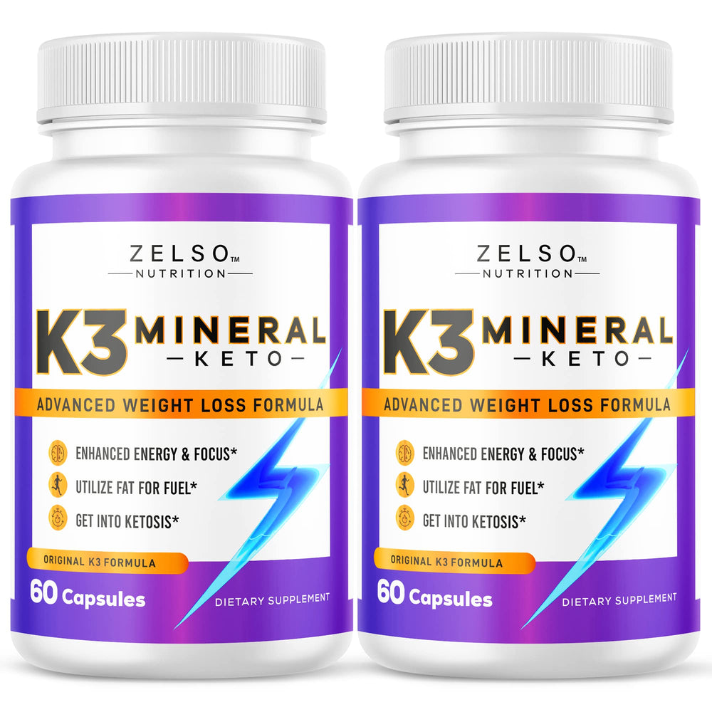ZELSO K3 mineral pills bottle front, showcasing vegan, USA-made formula for keto-friendly energy.