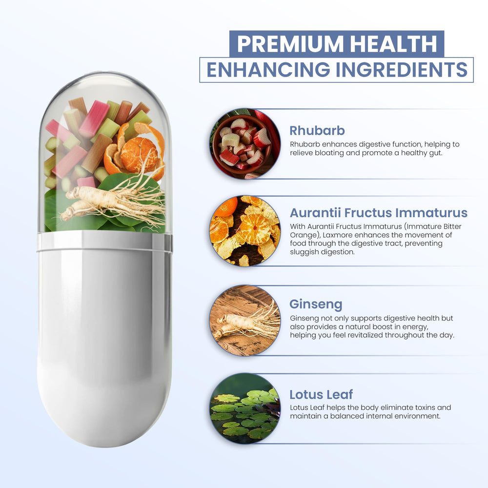 Close-up of LAXMORE packaging for digestive supplement