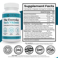 Close-up of Zen Nutrients Everyday Back Vitamin bottle label