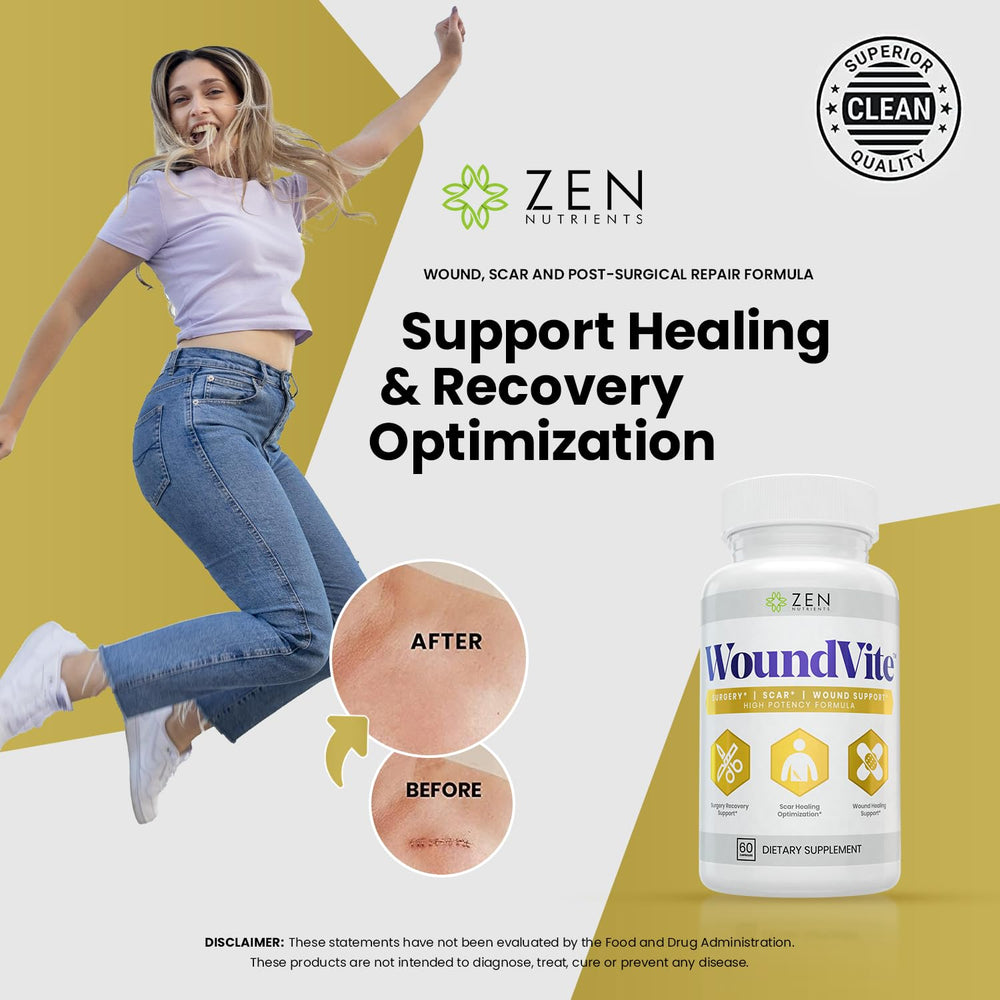 Zen Nutrients WoundVite bottle top offers compact dose guidance for pre/post-surgery use