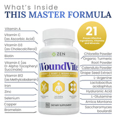 Zen Nutrients WoundVite dosing shows two capsules daily with meals for recovery phases