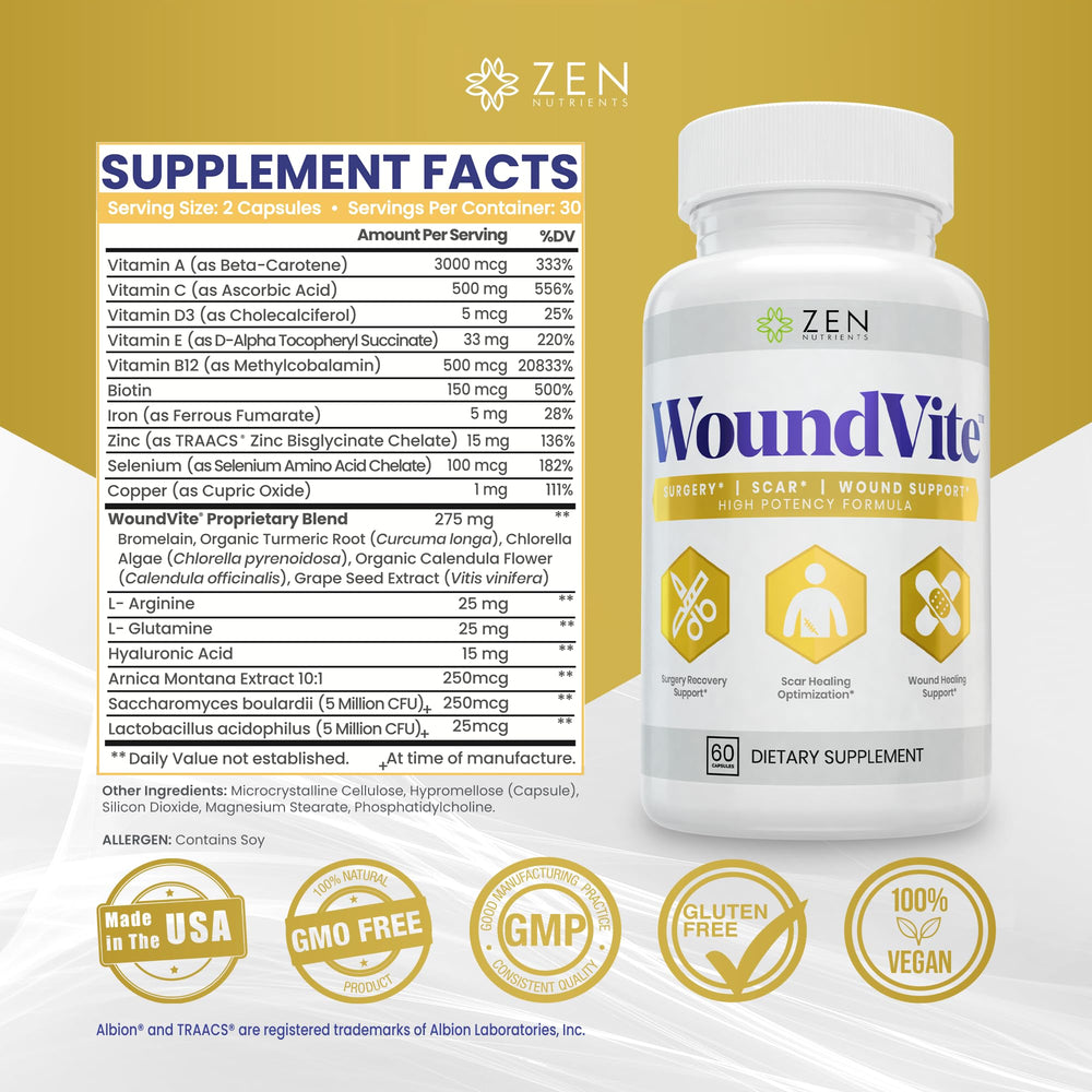 Zen Nutrients WoundVite label info emphasizes 21 targeted ingredients for comprehensive wound care