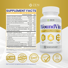 Zen Nutrients WoundVite label info emphasizes 21 targeted ingredients for comprehensive wound care