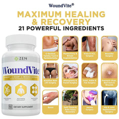 Zen Nutrients WoundVite pills closeup highlights bromelain and arnica for healing support
