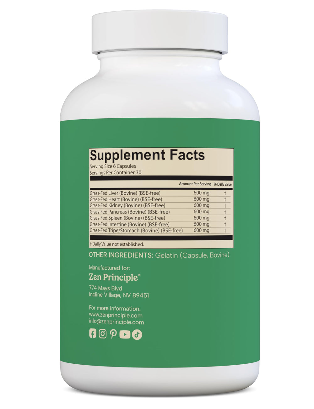 Zen Principle beef kidney capsules provide minerals for balanced daily nutrition.