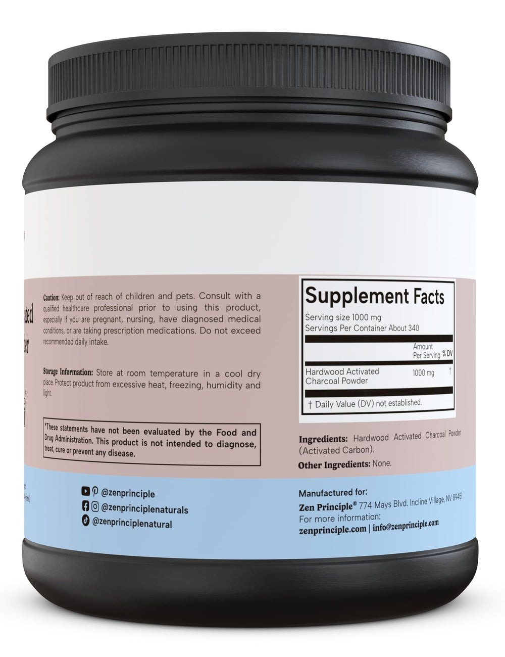 Zen Principle charcoal powder label showing USA origin