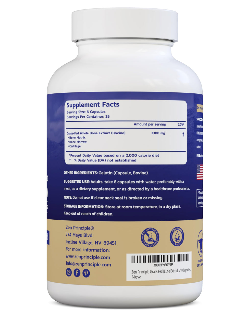 Close-up of 210 capsules from Zen Principle bone marrow supplement