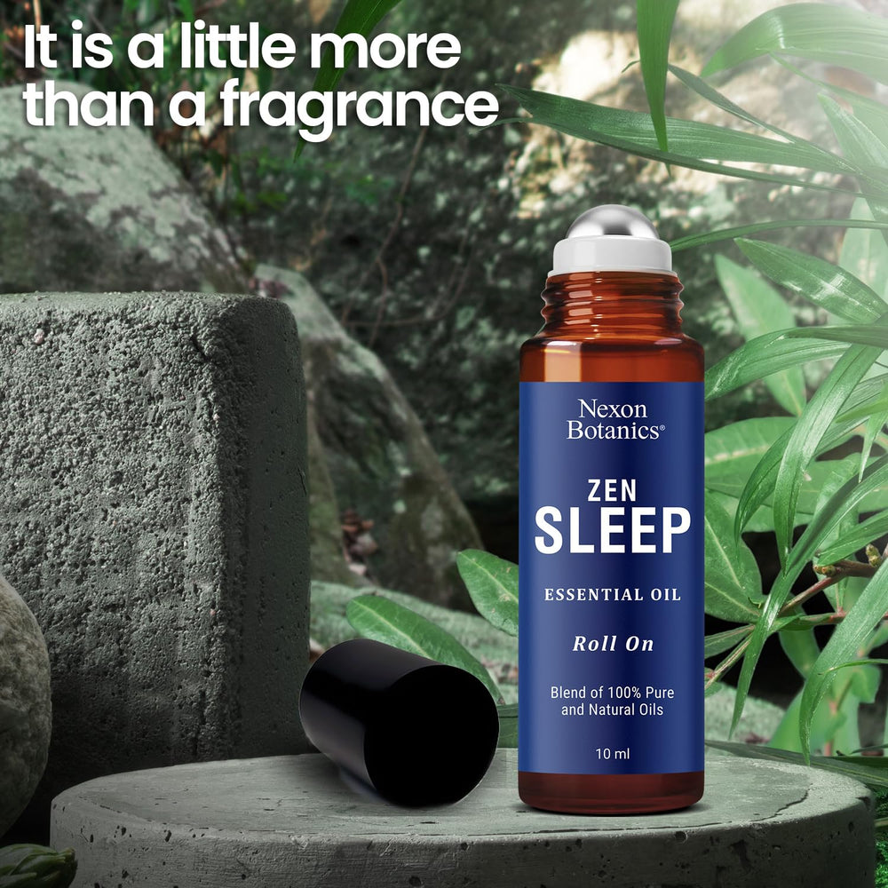 Relaxing spa-like scene with Zen Sleep Roll-On on a wooden surface
