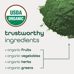 Illustration of greens, fruits, herbs and mushrooms on label