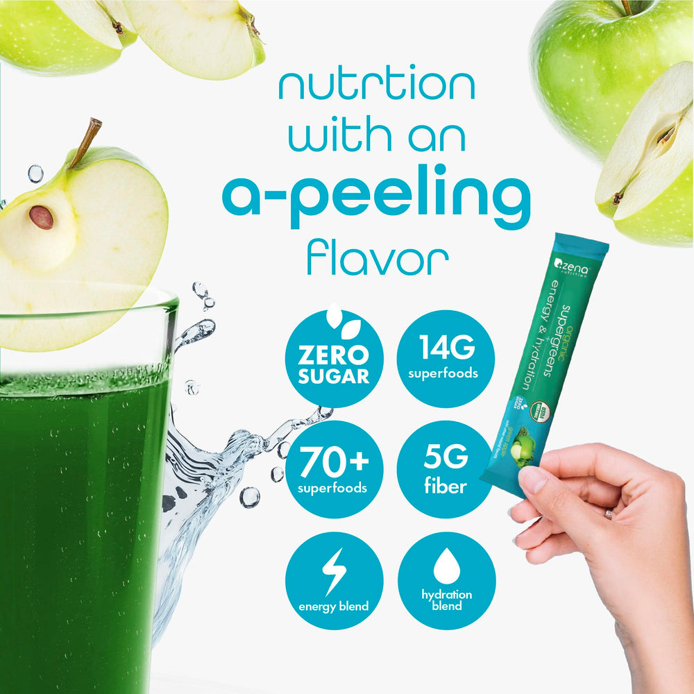 Blends and ingredients in Zena Organic Super Greens: greens, fruits, vegetables, herbs
