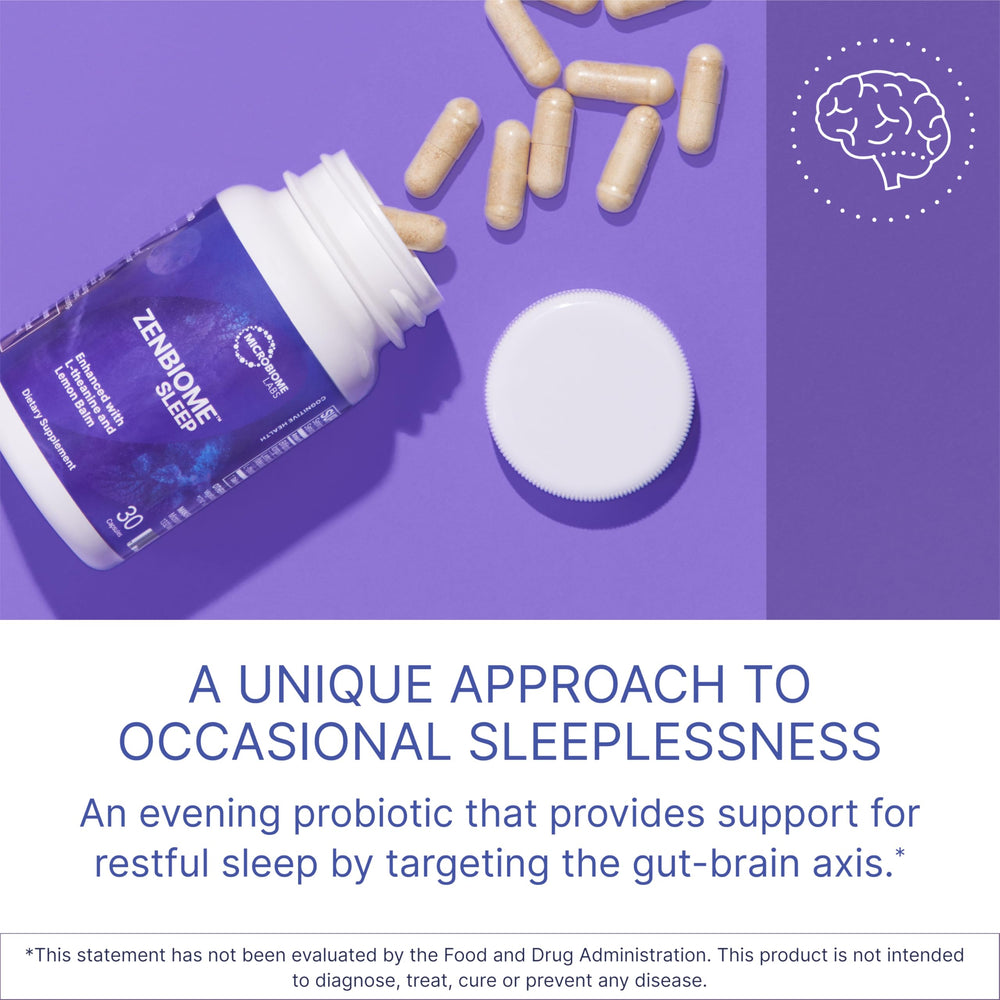 Illustration showing Zenbiome Sleep probiotic with L-Theanine and lemon balm