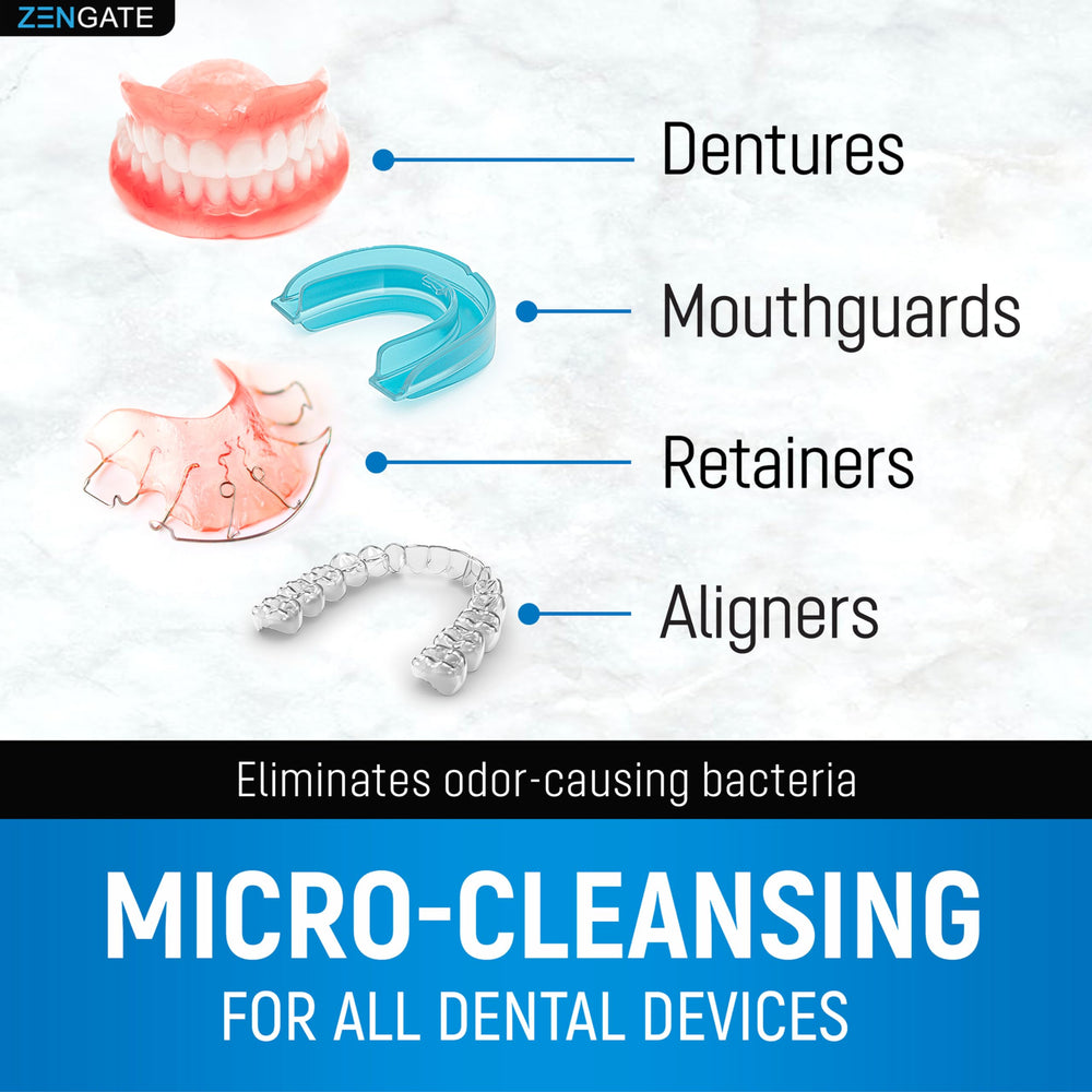 ZENGATE Retainer Cleaner packaging and tablet display