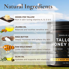 Zenolio Labs tallow honey balm texture closeup reveals whipped, silky richness.