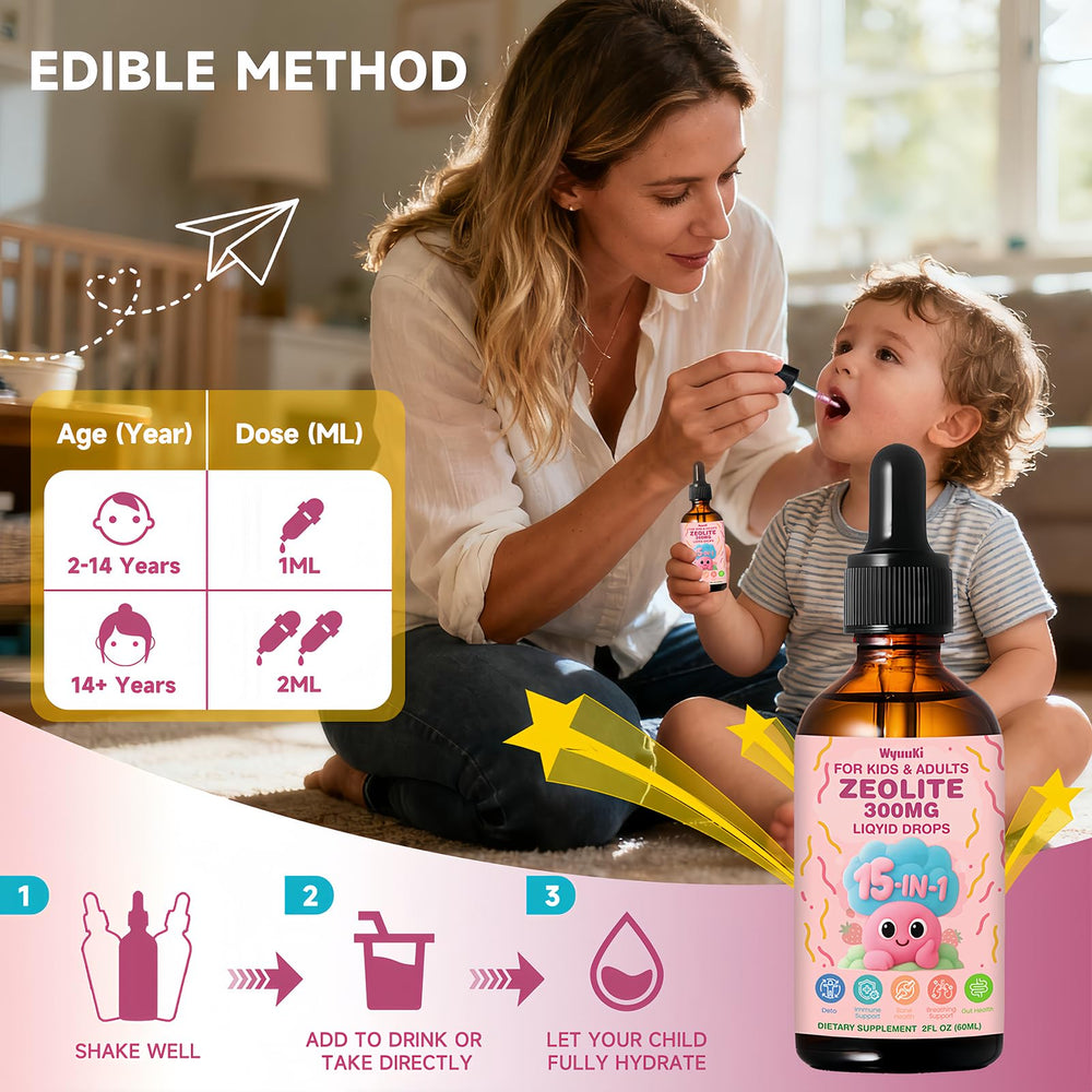 Family-use scene showing Zeolite Drops for kids and adults