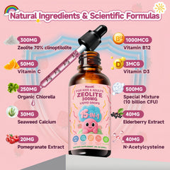 Ingredients highlight: clinoptilolite 300mg, vitamins B12 C D3, prebiotics