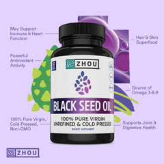 Close-up of ingredients showing 100% pure Nigella Sativa oil and thymoquinone