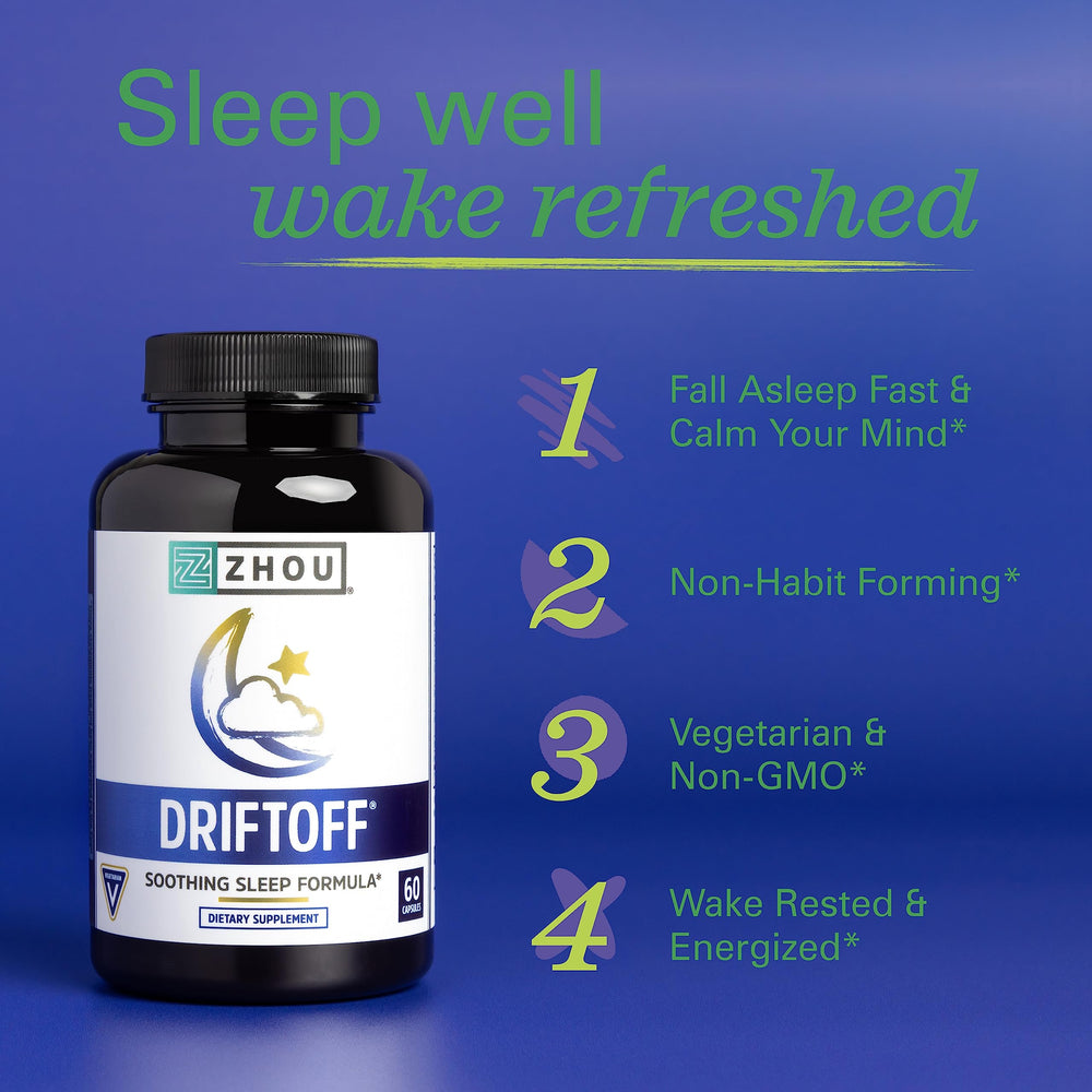 Close-up of Valerian root, chamomile and GABA ingredients for Zhou Driftoff