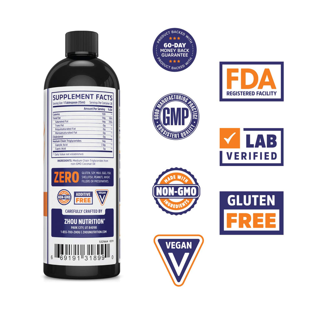 Back label of Zhou MCT Oil bottle showing ingredients and nutrition