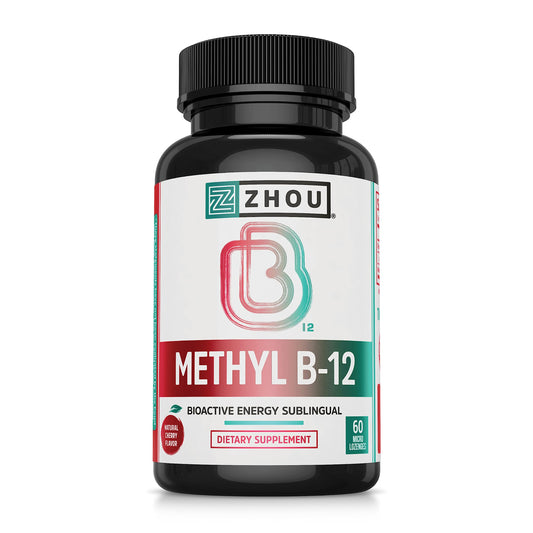 Front view of Zhou Methyl B12 cherry-flavored lozenges bottle
