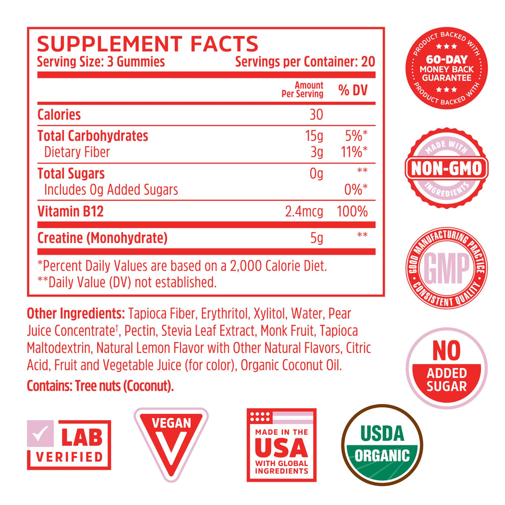 Nutrition label and ingredients for ZHOU Creatine Monohydrate Chewables