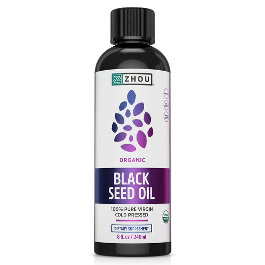 Front view of Zhou Organic Black Seed Oil 8 oz bottle